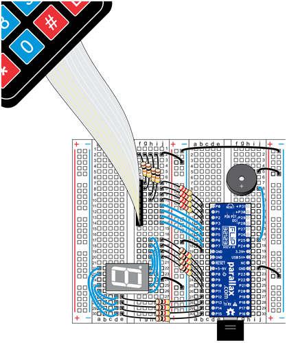 Wiring diagram for the 4x4 Keypad and 7-segment LED project in BlocklyProp.
