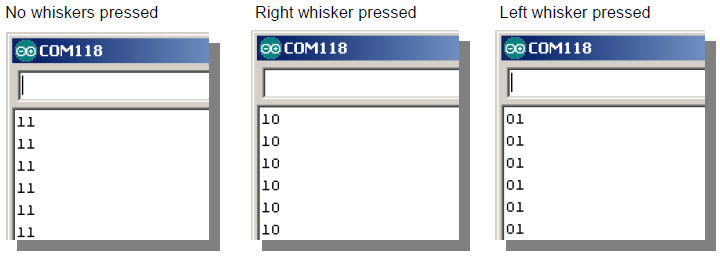 Serial Monitor screencaptures displaying output states when right, left, an no whisker is pressed
