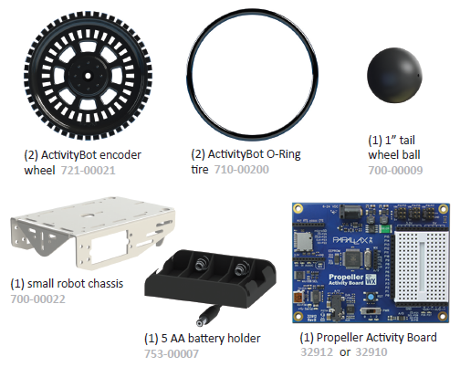 Major parts for the ActivityBot 360 assembly process.