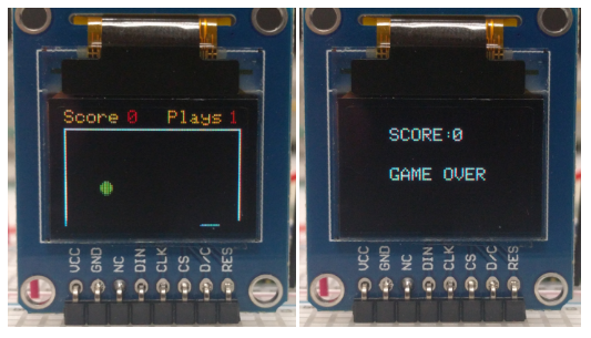 OLED displays showing the Capacitive Pong Game.