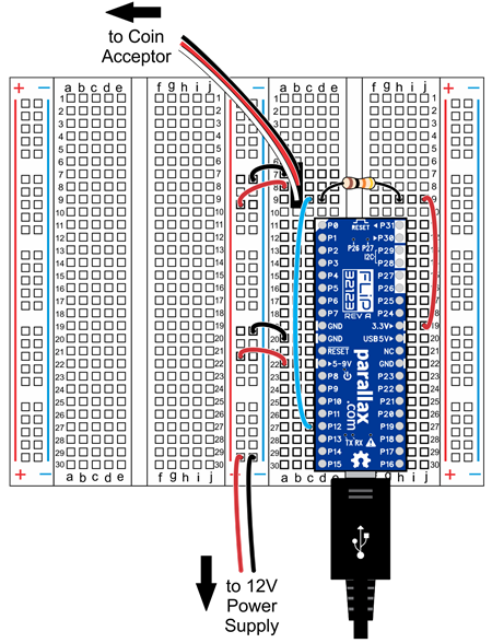 Wiring diagram for connecting the Coin Acceptor to a Propeller FLiP on a breadboard.