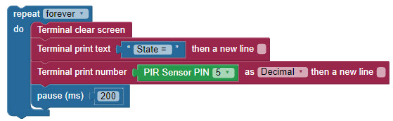 Quick-start BlocklyProp code for the PIR sensor.