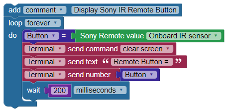BlocklyProp code for a simple remote button-press display program.