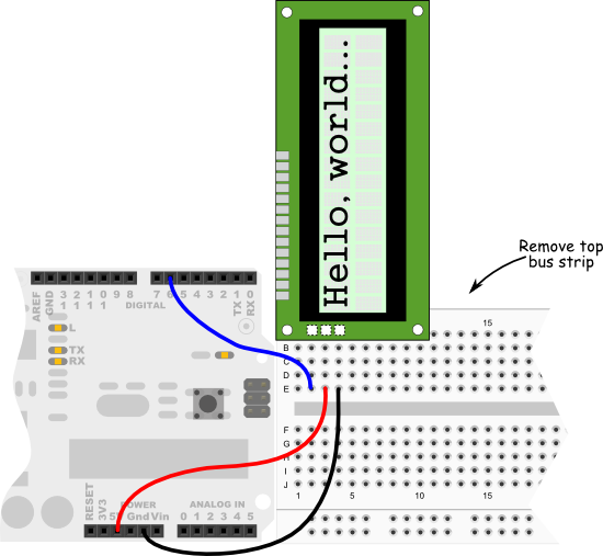 Parallax 2x16 Serial LCD wiring diagram for Arduino Uno