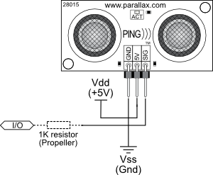 PING))) Sensor connection schematic to microcontroller I/O pin