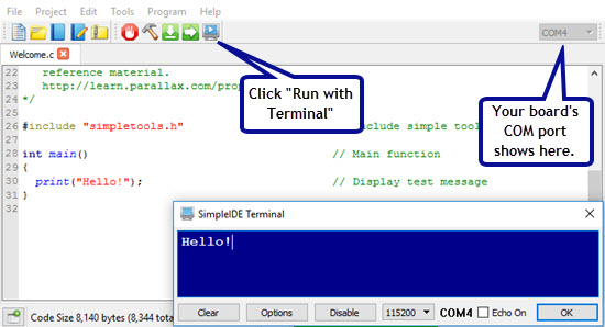 Welcome program screencapture showing the Terminal window open and a Hello! message displayed.