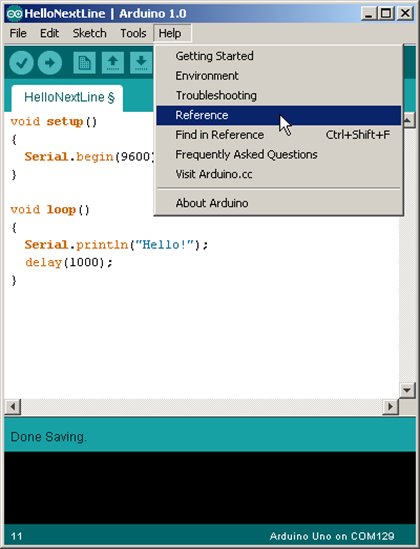 Opening the Arduino Help > Reference Menu