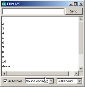 A FOR loop displays 1 through 10 in the Serial Monitor