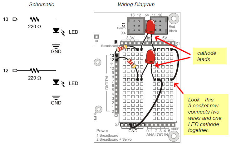 Schematic and wiring diagram of two LED circuits built on the Board of Education Shield breadboard