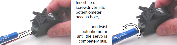 Insert a Phillips screwdriver into the access port on the continous rotation servo's case to adjust the potentiometer inside