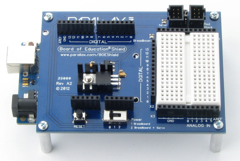 Board of Education Shield with Arduino module plugged in and tabletop standoffs installed