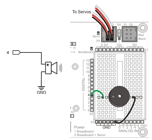 Schematic and wiring diagram to build a piezospeaker reset-indicator circuit on the Board of Education Shield