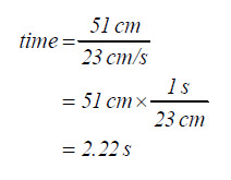 Equation: time equals 51 centimeters over 23 centimeters per second, which resolves to 2.22 seconds