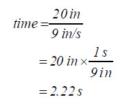 Equation: time equals 20 inches over nine inches per second, which resolves to 2.22 seconds