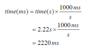 Equation: time in milliseconds equals time in seconds multiplied by 1000 milliseconds over seconds.  Given a time in seconds of 2.22, this resolves to 2220 milliseconds