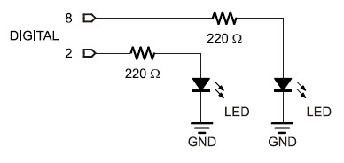 Circuit schematic to build two indicator LEDs for monitoring the whisker switch inputs on the BOE Shield-Bot