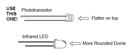Drawing showing the difference between the phototransistor (which has a flatter plastic case) and the infrared LED (which has a more rounded case)