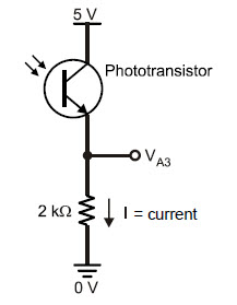 Phototransistor voltage output circuit with 2 k-ohm resistor in series with the phototransistor