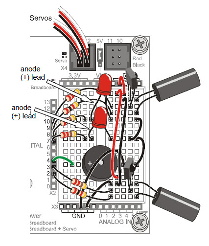 Parts placement for red LED circuits on the BOE Shield with IR emitter receiver pairs