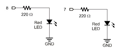LED circuits with 220 ohm resistors in series, for digital pins 8 and 7