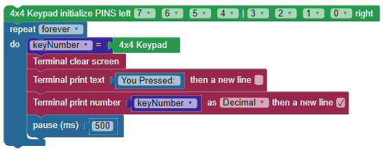 Test code for the 4x4 Keypad in BlocklyProp.