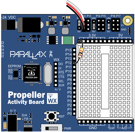 The Propeller Activity Board (WX) showing a 3-pin cable connected to the P12 header and a 10k-ohm resistor between I/O P12 and 3.3V.