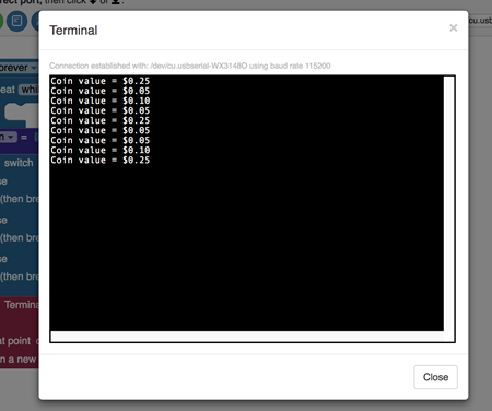 A screencapture showing the Terminal window with the value of a coin you inserted.
