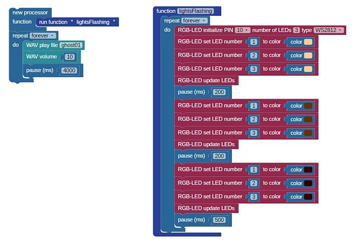 The BlocklyProp code for the Halloween Flaming Pumpkin Display project.