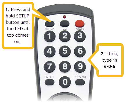 Program a Brightstar remote for Sony protocol. Press and hold SETUP until LED comes on, then enter 605