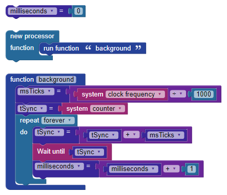 Blocks for building a multicore timer in BlocklyProp.