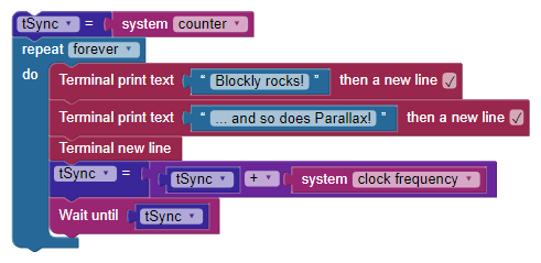 A second synchronized loop example in BlocklyProp.