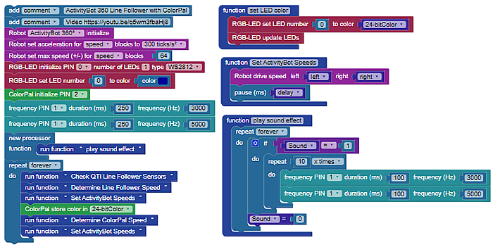 The full code for the Line Follow with AB360 Colorpal program.