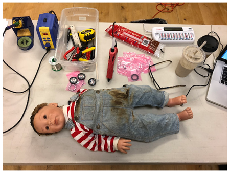 Worktable with Spooky Doll preparations laid out.