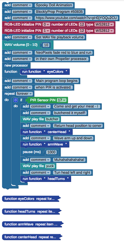 BlocklyProp code for Spooky Doll.
