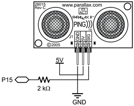 A schematic for connecting the Parallax PING))) Ultrasonic Distance Sensor to a Propeller board.