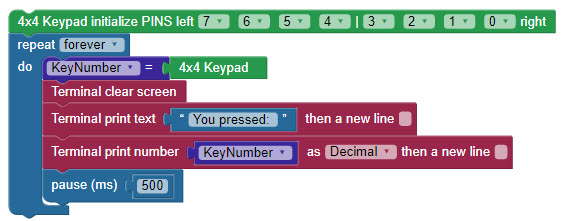 Quick code example for the 4x4 Keypad with BlocklyProp.