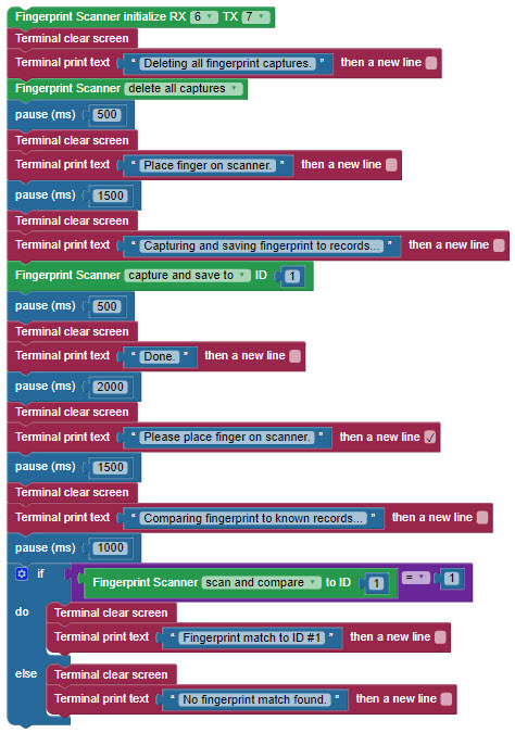 Quick-start BlocklyProp code for the Fingerprint Scanner.