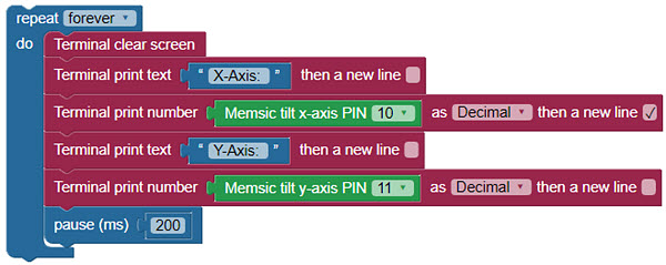 Quick-start BlocklyProp code for the Memsic 2125 Accelerometer.