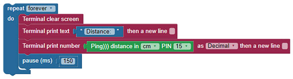 Quick-start BlocklyProp code for the PING))) Ultrasonic Distance Sensor.