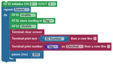 Quick-start BlocklyProp code for the serial RFID sensor.