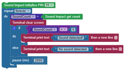 Quick-start BlocklyProp code for the Sound Impact Sensor.