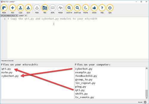 A screencapture showing the Mu editor as you add modules to your cyber:bot.