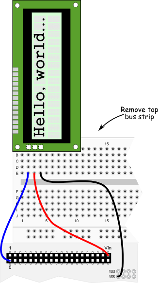 Parallax 2x16 Serial LCD wiring diagram for Propeller QuickStart board