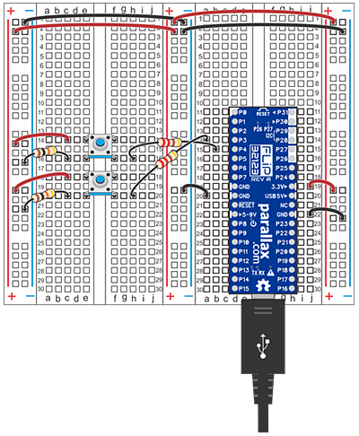 Prototyping breadboard with mounted Propeller FLiP and pushbutton-LED circuit.