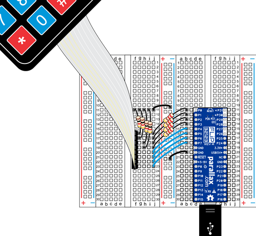 Connection diagram for the 4x4 Matrix Keypad on a prototyping breadboard for the Propeller FLiP.
