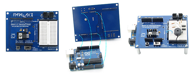 The BOE Shield plugs into the Arduion Uno for easy solderless prototyping