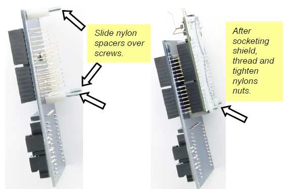 Plug the Board of Education Shield into the Arduino module and secure with nylon spacers, screws, and nylon nuts.