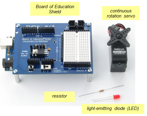 Board of Education Shield for Arduino, Parallax continuous rotation servo, resistor, and LED