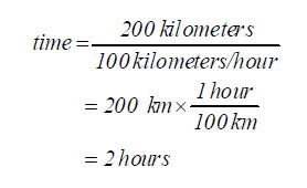Equation: time equals 200 kilometers over 100 kilometers per hour, which resolves to time equals two hours