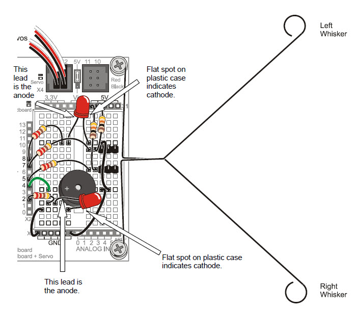 Wiring diagram showing LED circuits for monitoring whisker switch states on the BOE Shield-Bot